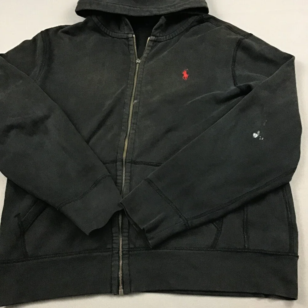 Polo Ralph Lauren Jacket Men Large Black Full Zip Heavy Sweatshirt Red Pony L *